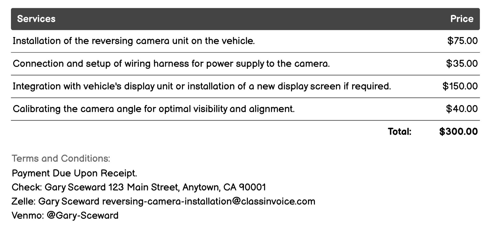 Custom Reversing Camera Installation Invoice Example