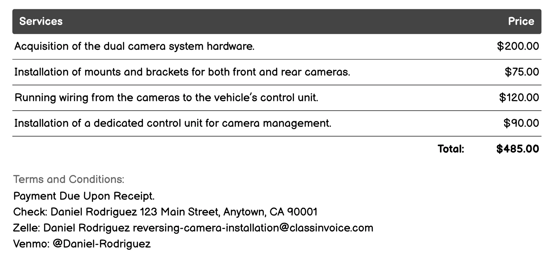 Dual Camera System Invoice Example