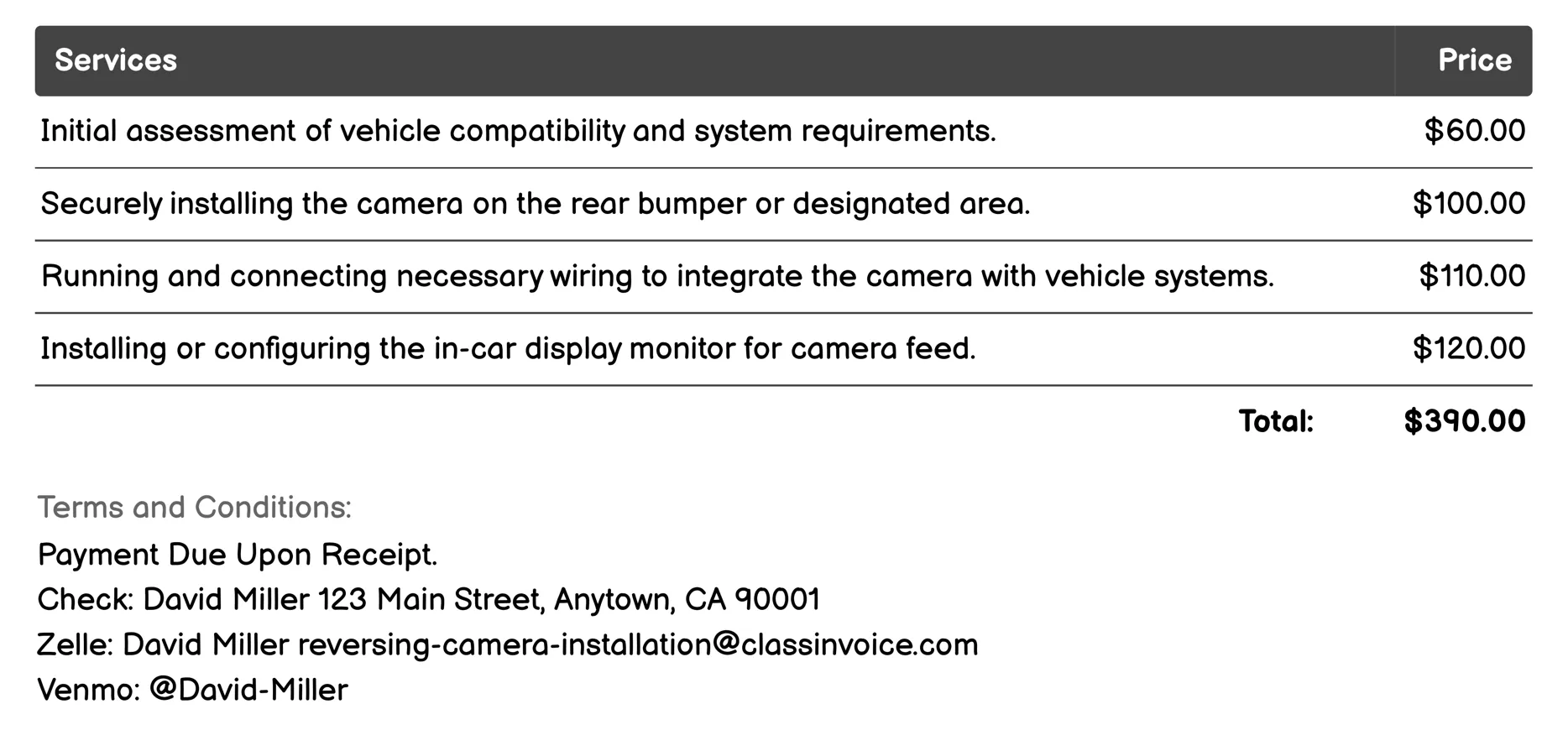 Parking Assistance System Installation Invoice Example