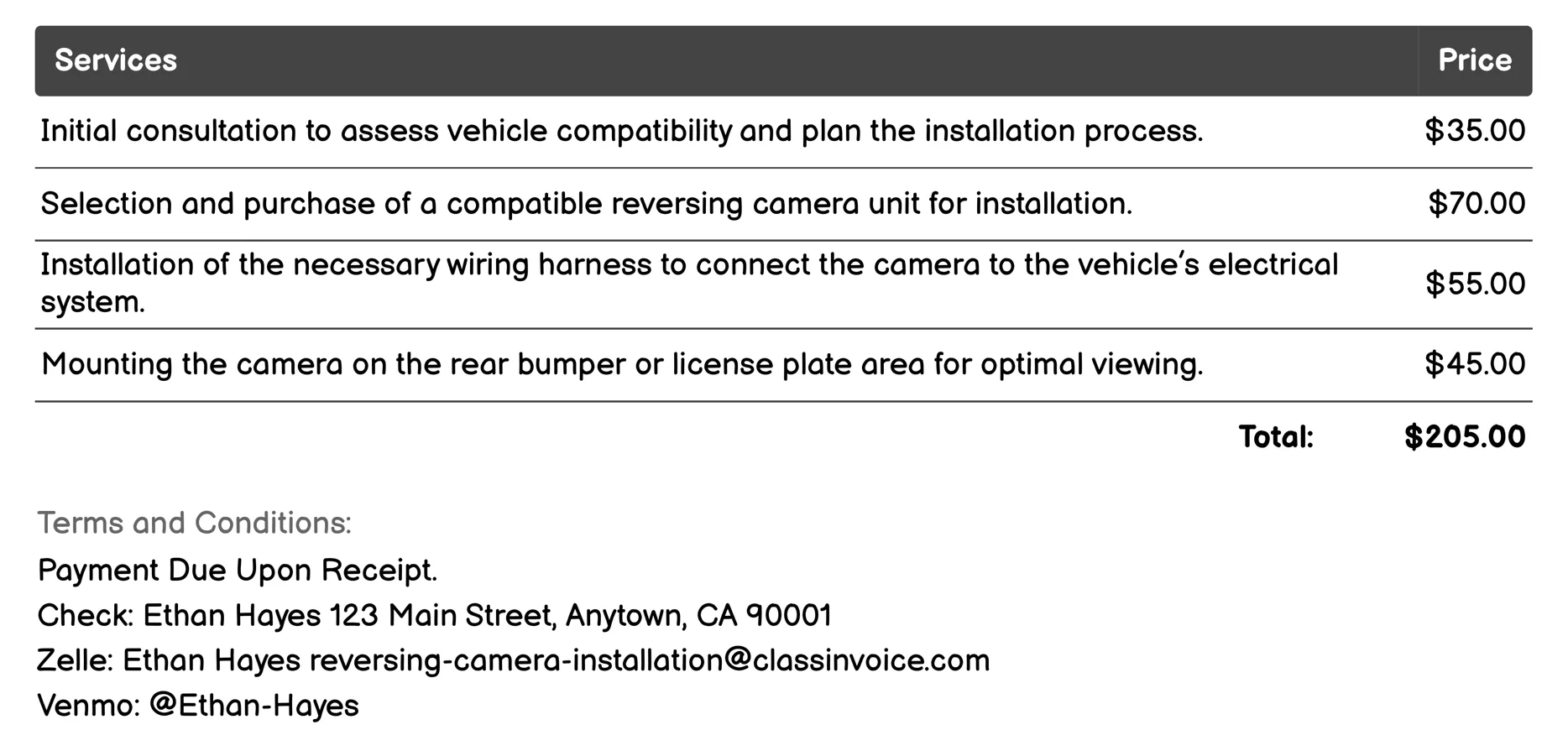 Rear View Monitor Integration Invoice Example