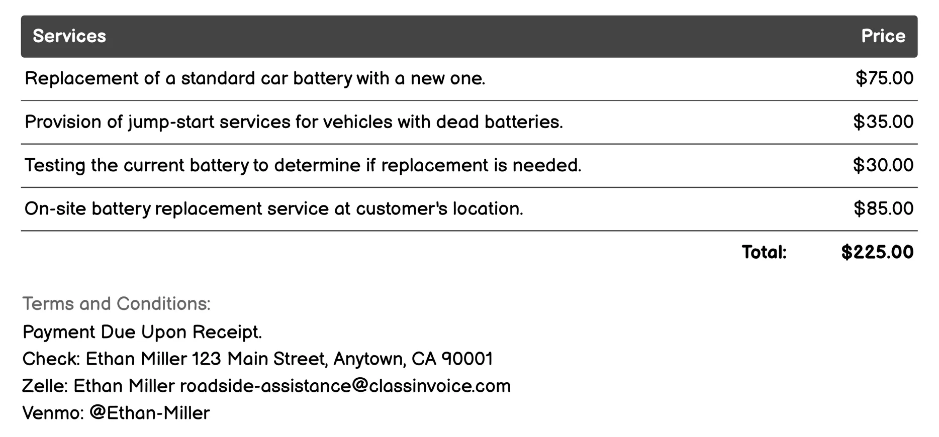 Battery Replacement Invoice Example