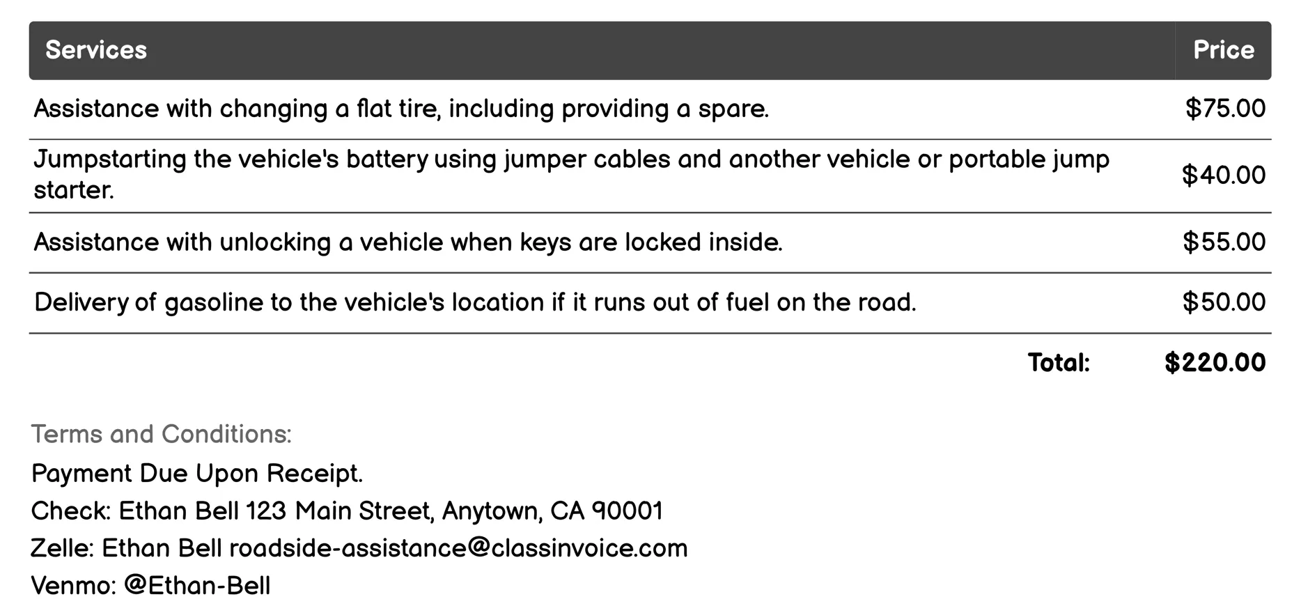 Tow Service Invoice Example