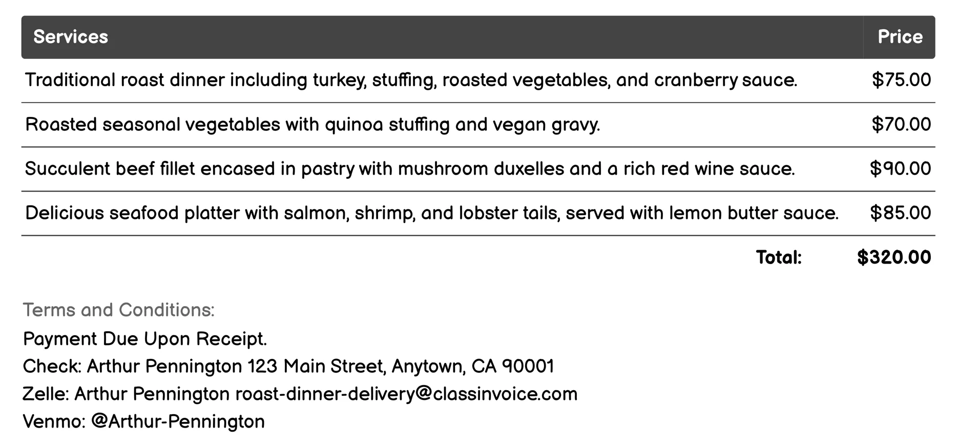 Holiday Special Roast Dinner Invoice Example