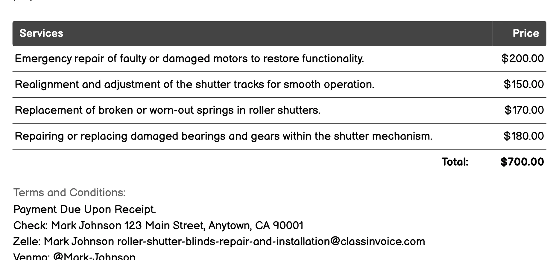 Emergency Repair Invoice Example