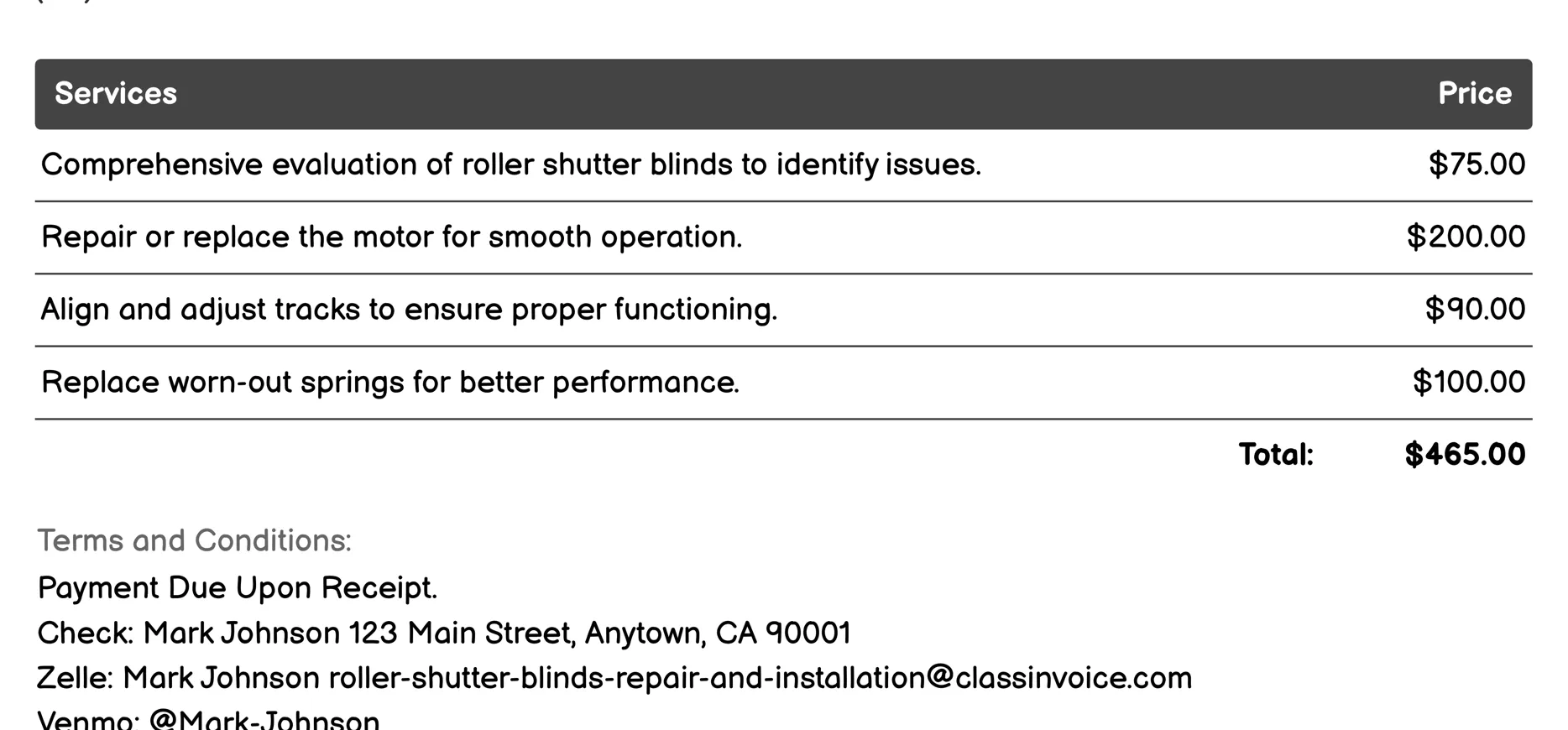 Maintenance Invoice Example