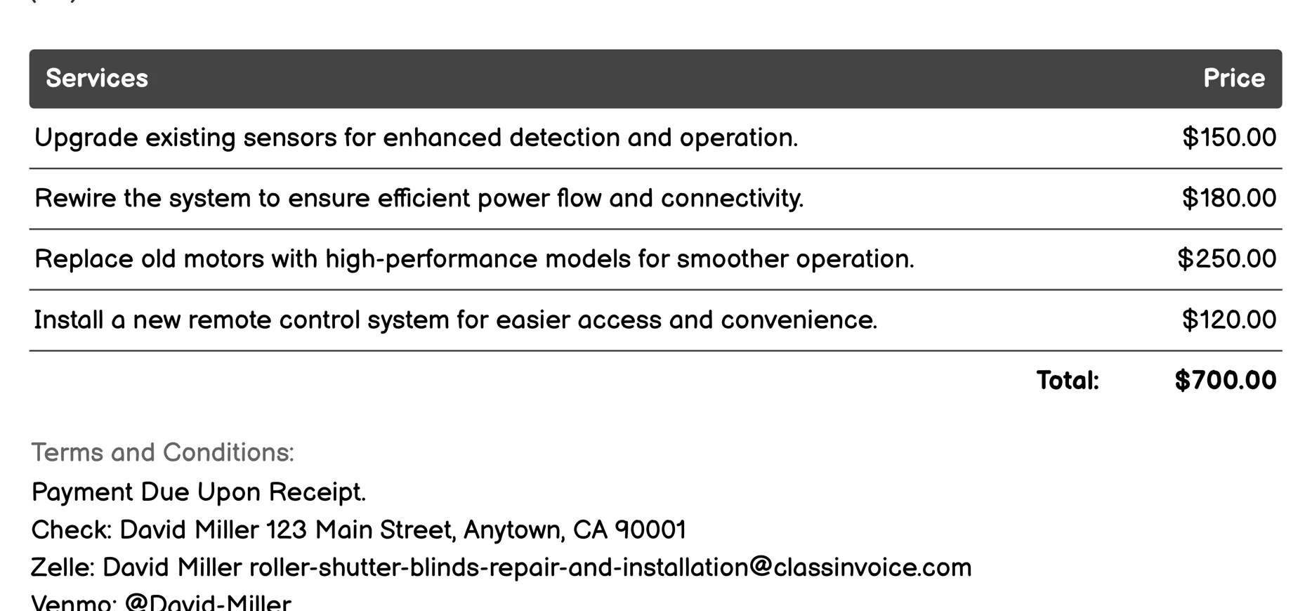 Motorization Upgrade Invoice Example