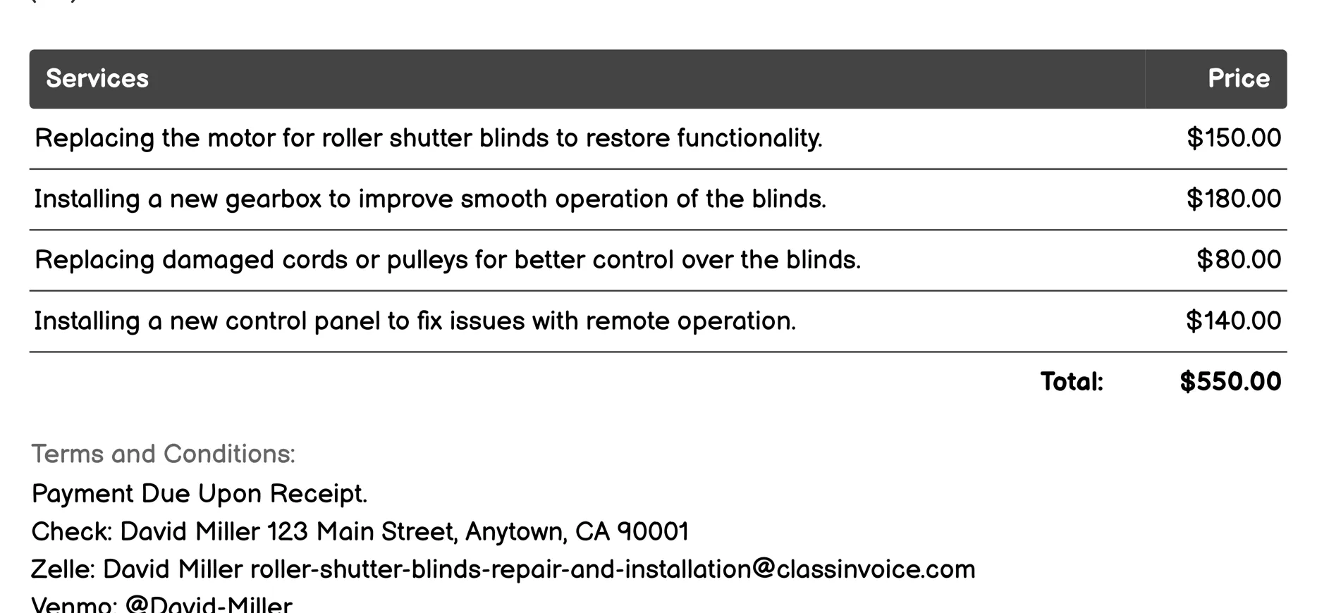 Replacement of Parts Invoice Example