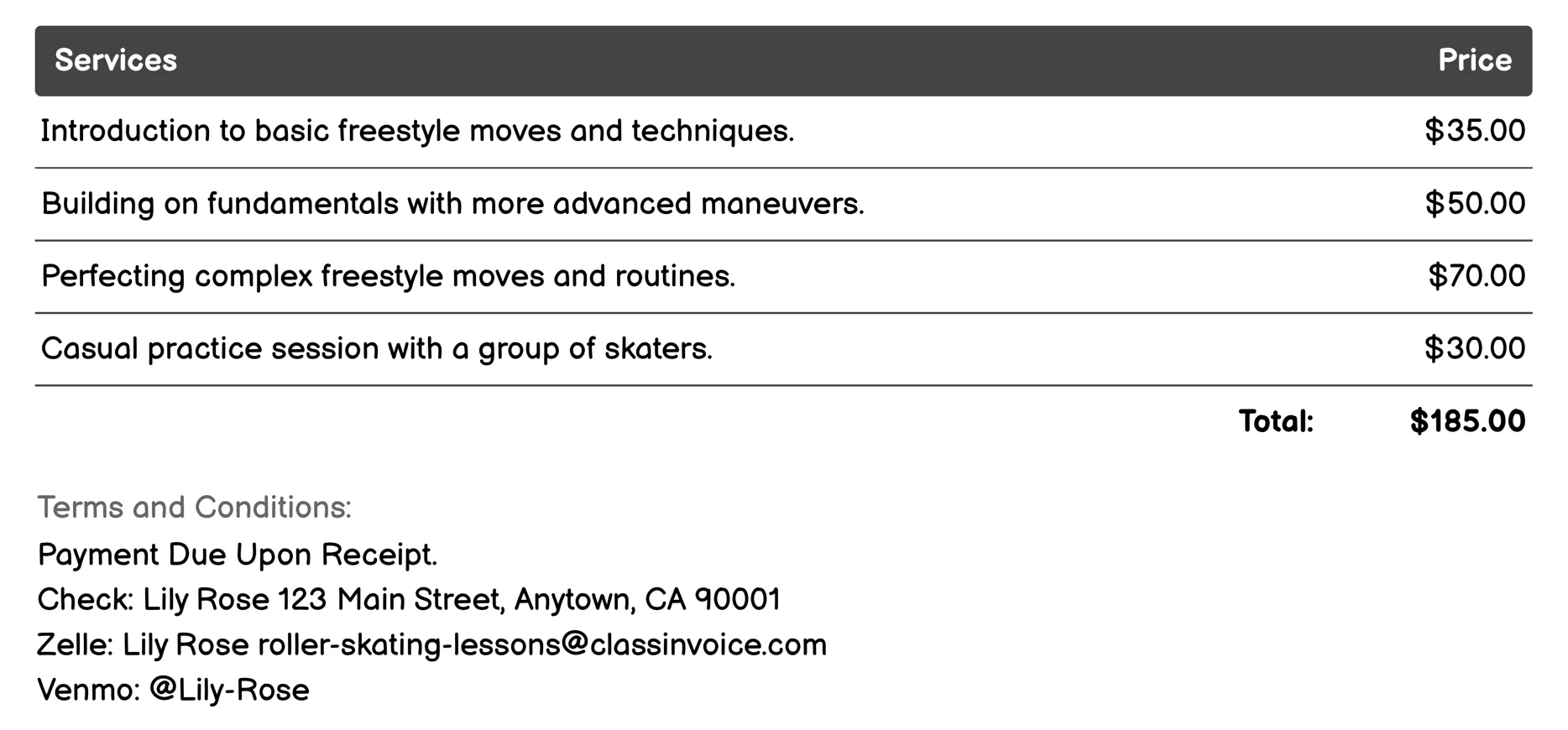 Freestyle Sessions Invoice Example