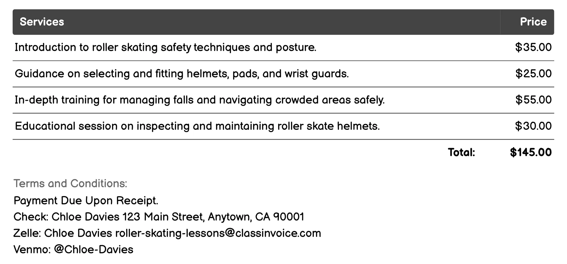 Safety and Gear Instruction Invoice Example