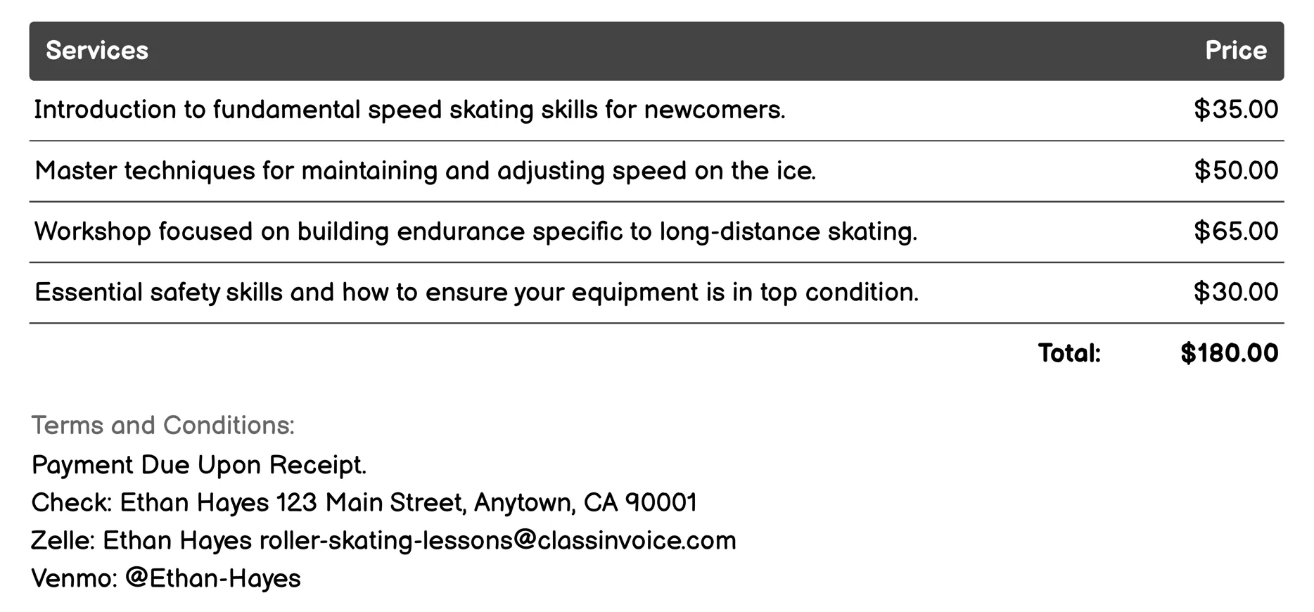 Speed Skating Workshops Invoice Example