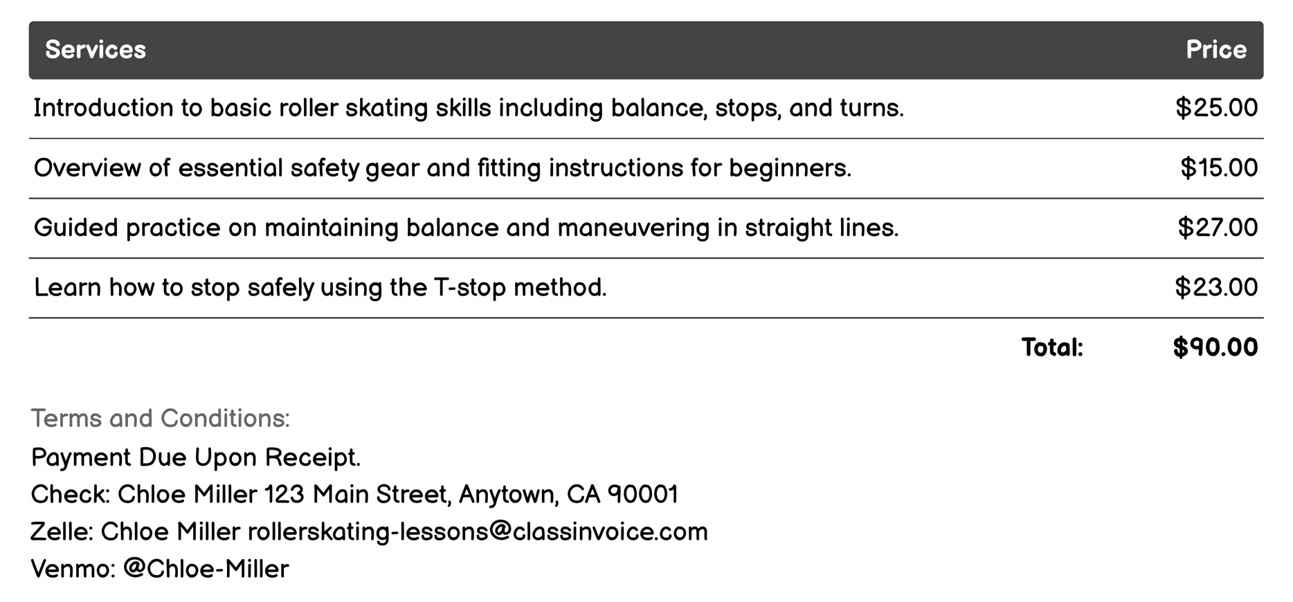 Beginner Group Classes Invoice Example