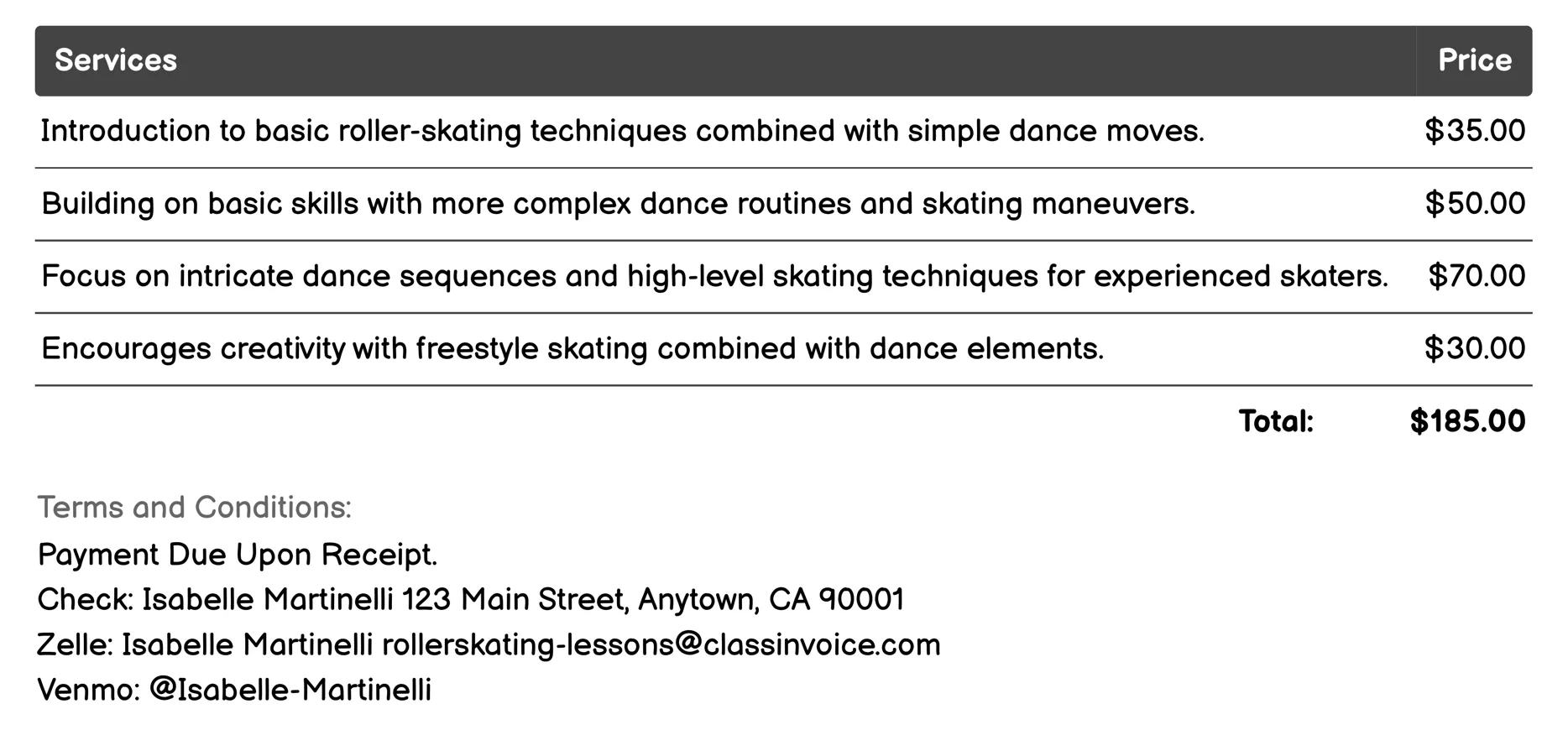 Roller-Dance Lessons Invoice Example