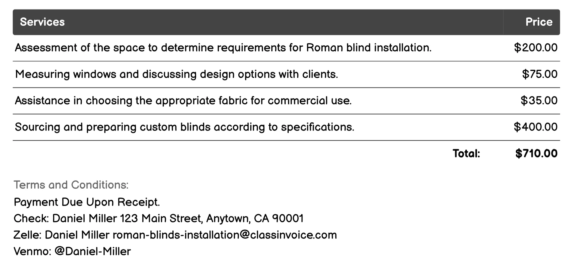 Commercial Blinds Installation Invoice Example