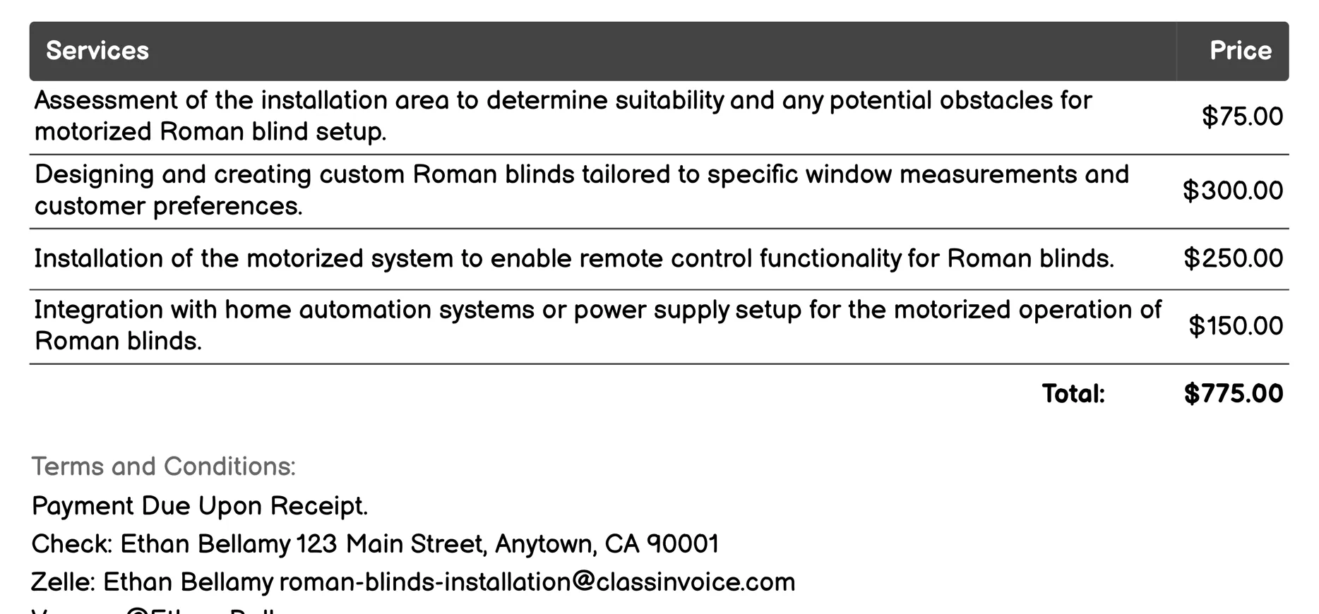 Motorized Roman Blind Setup Invoice Example