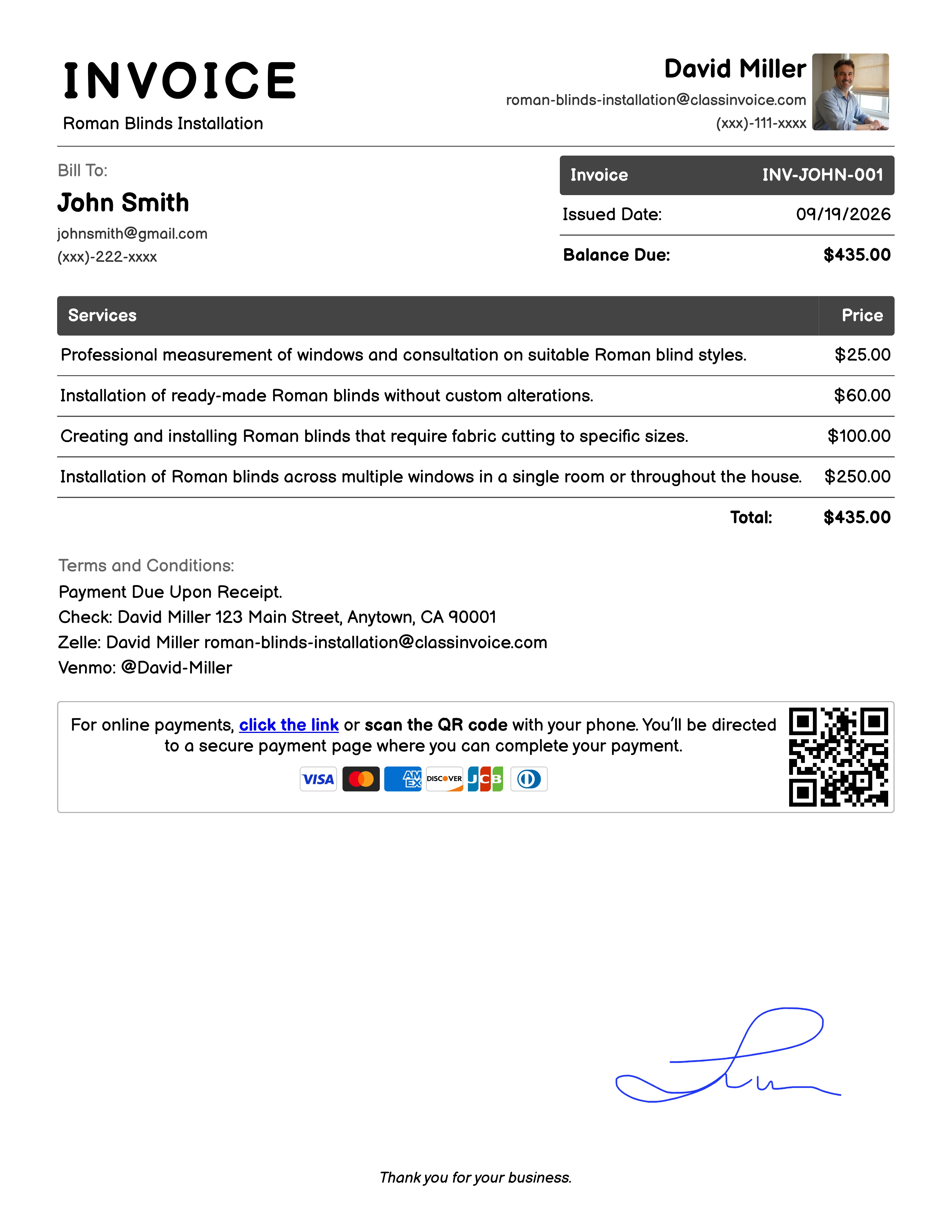Roman Blinds Installation Invoice Example