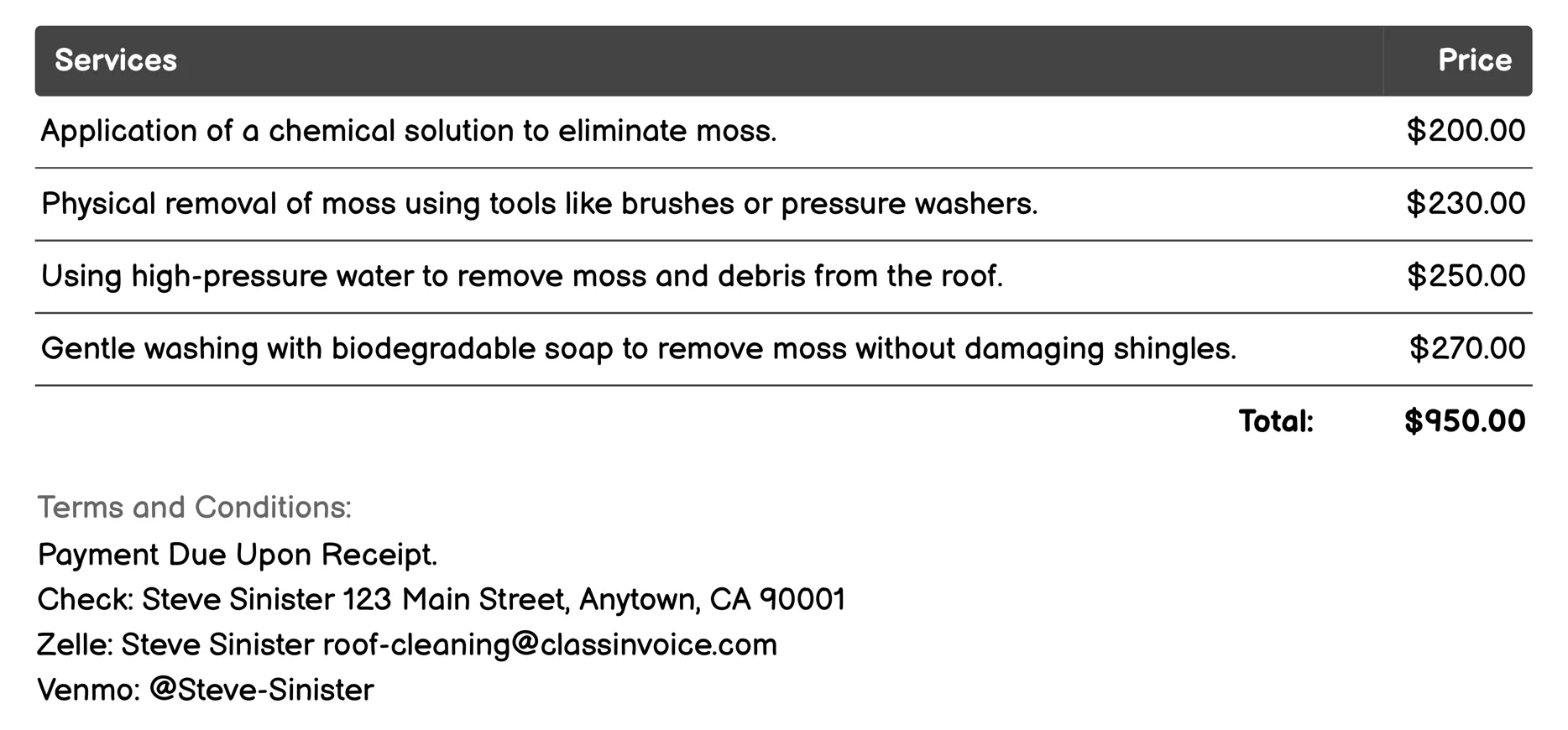 Moss Removal Invoice Example