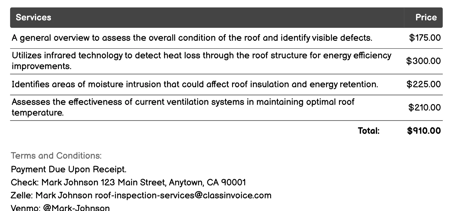 Energy Efficiency Roof Inspection Invoice Example