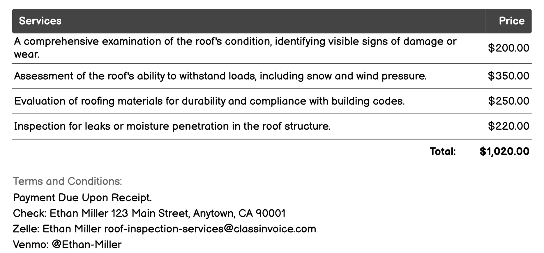 Structural Integrity Inspection Invoice Example