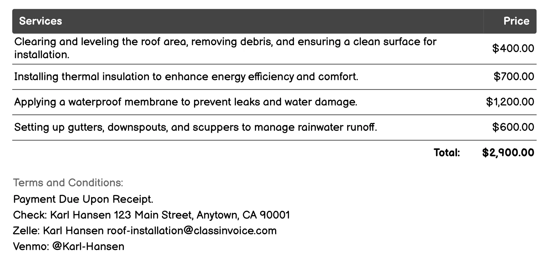 Flat Roof Installation Invoice Example
