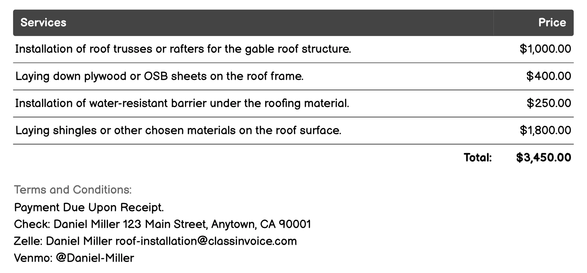 Gable Roof Installation Invoice Example