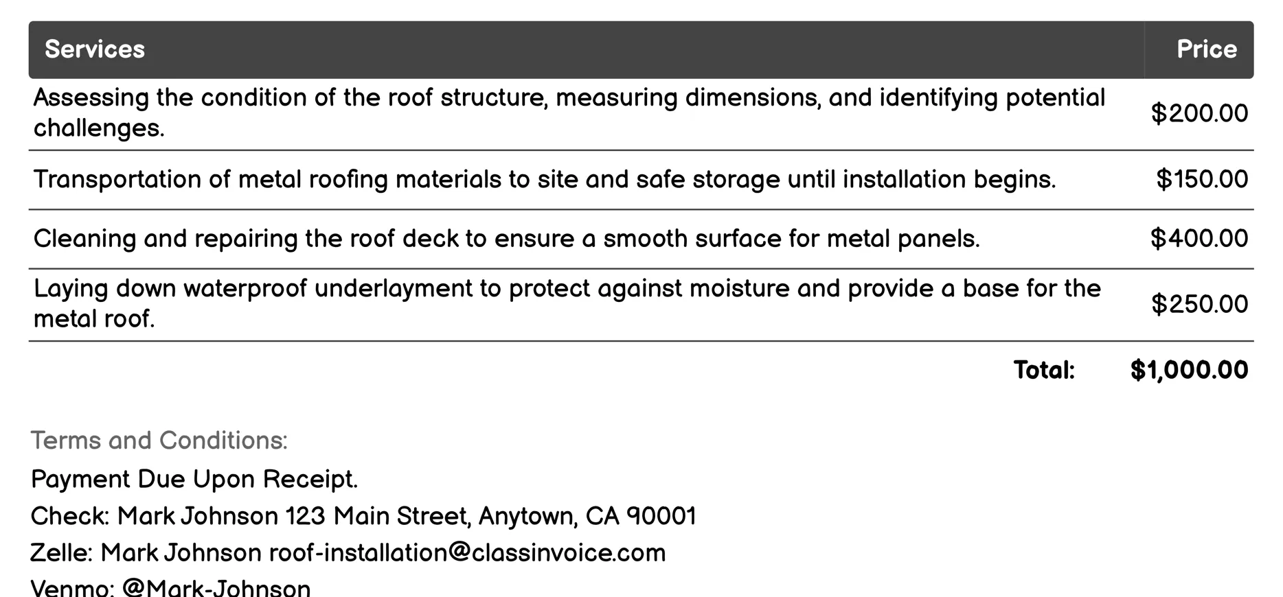 Metal Roofing Installation Invoice Example