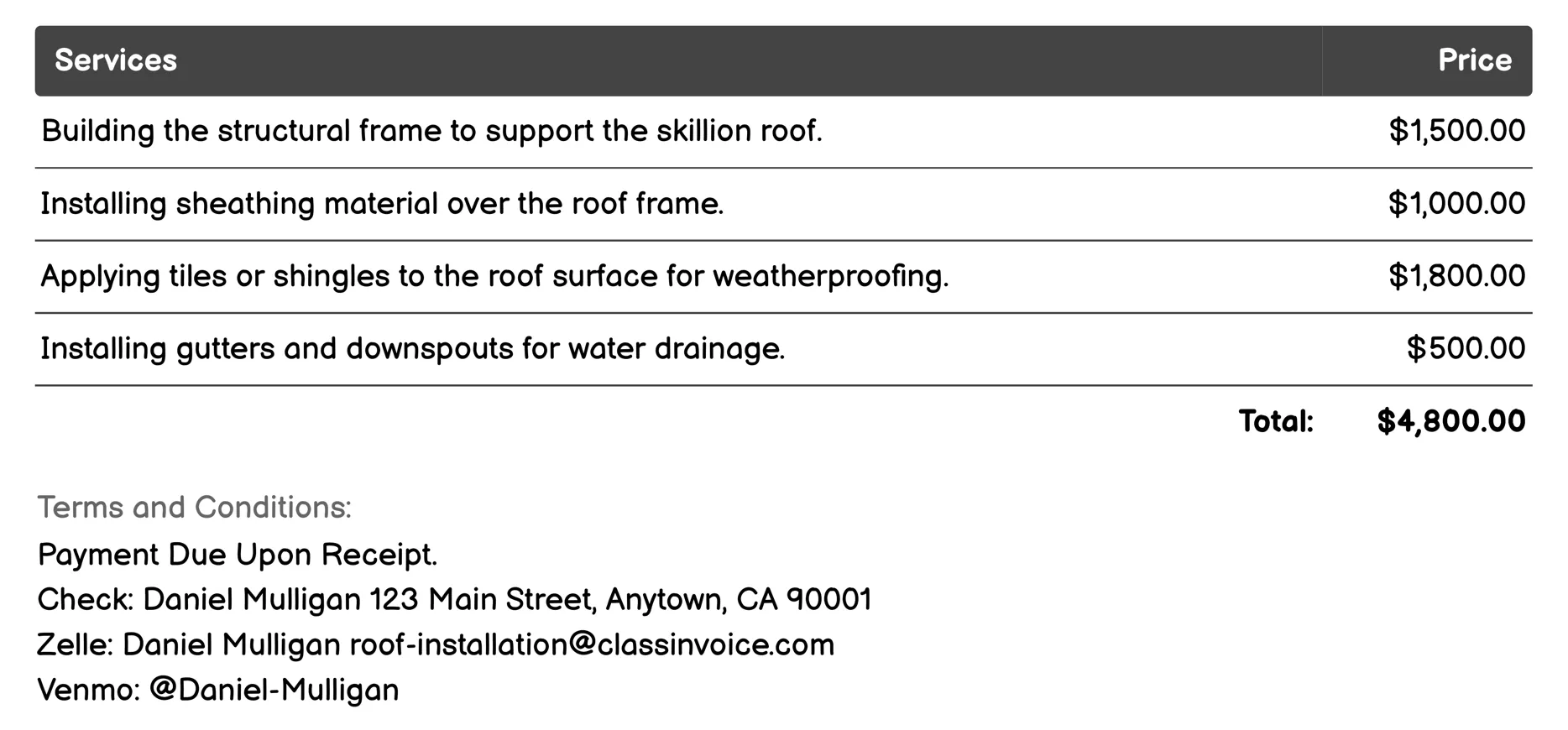 Skillion Roof Installation Invoice Example