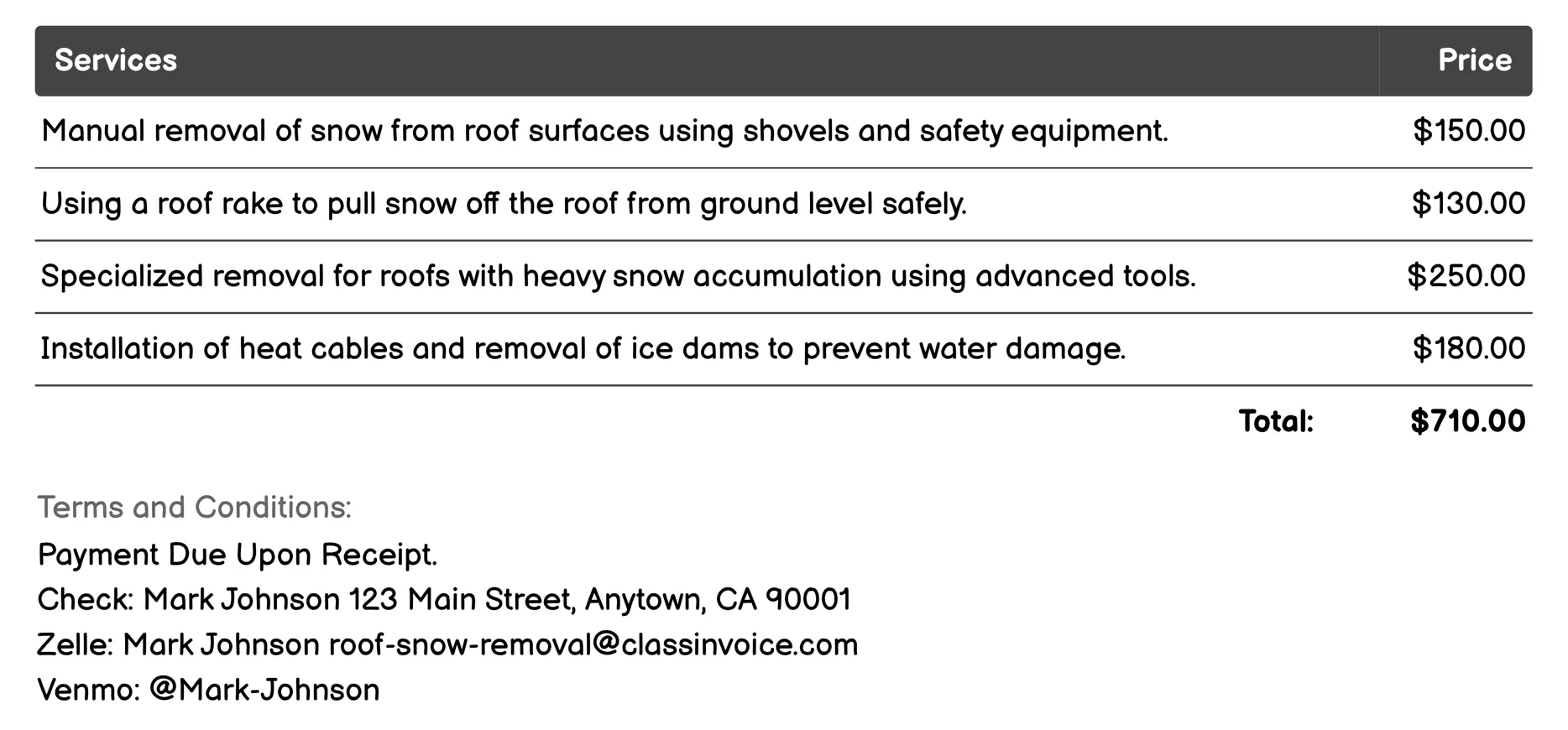 Professional Roof Snow Removal Invoice Example