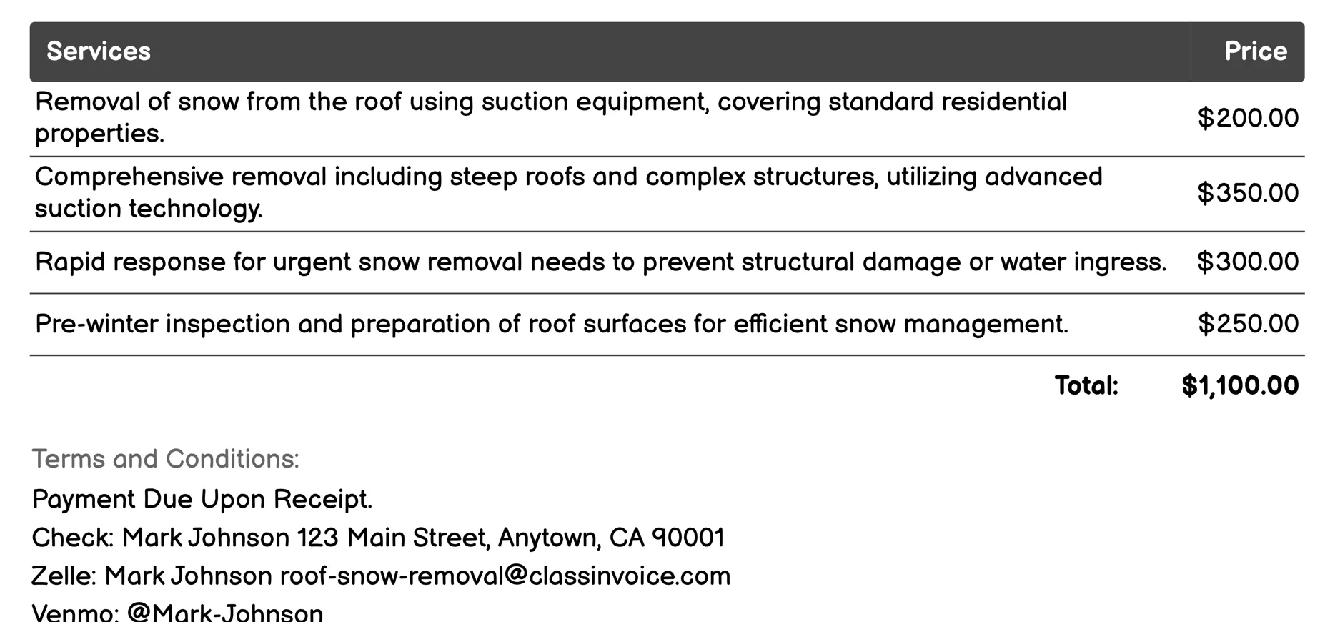 Suction Roof Snow Removal Invoice Example