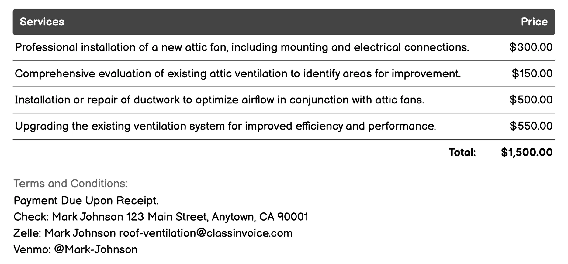 Attic Fans Invoice Example