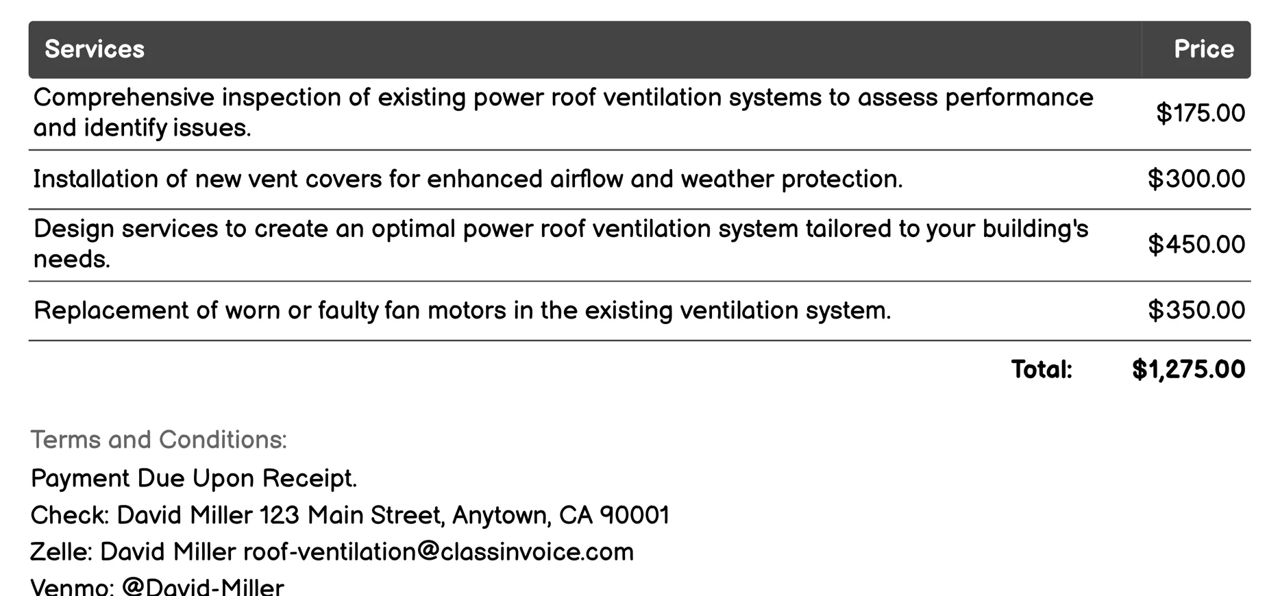 Power Roof Ventilation Systems Invoice Example