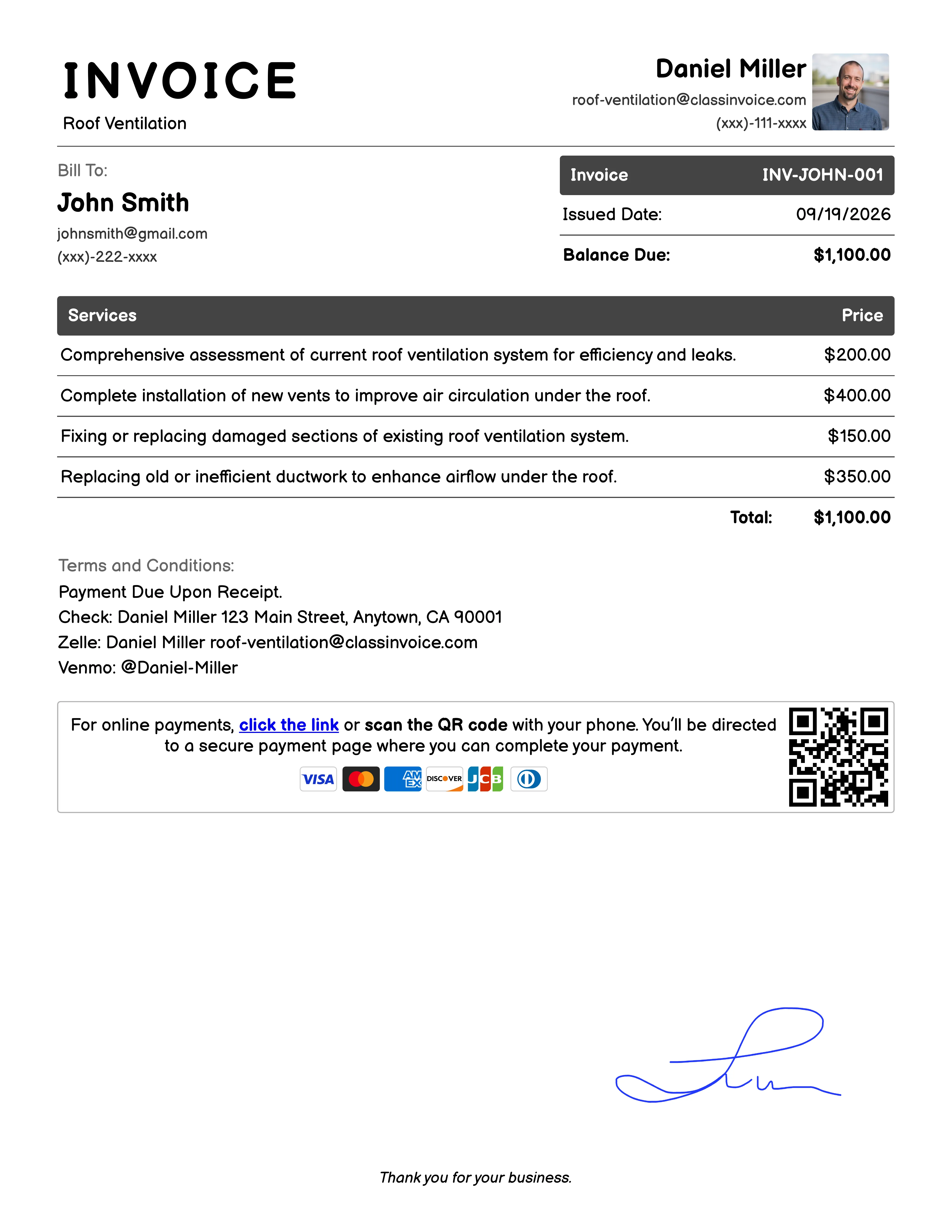 Roof Ventilation Invoice Example