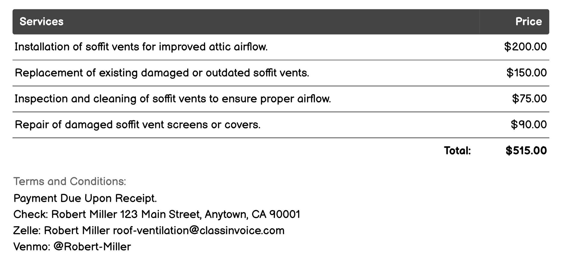 Soffit Vents Invoice Example
