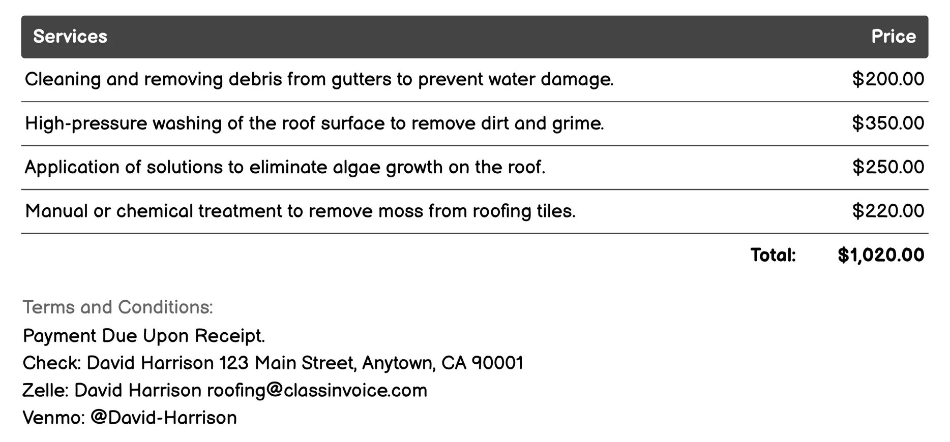 Roof Cleaning Invoice Example