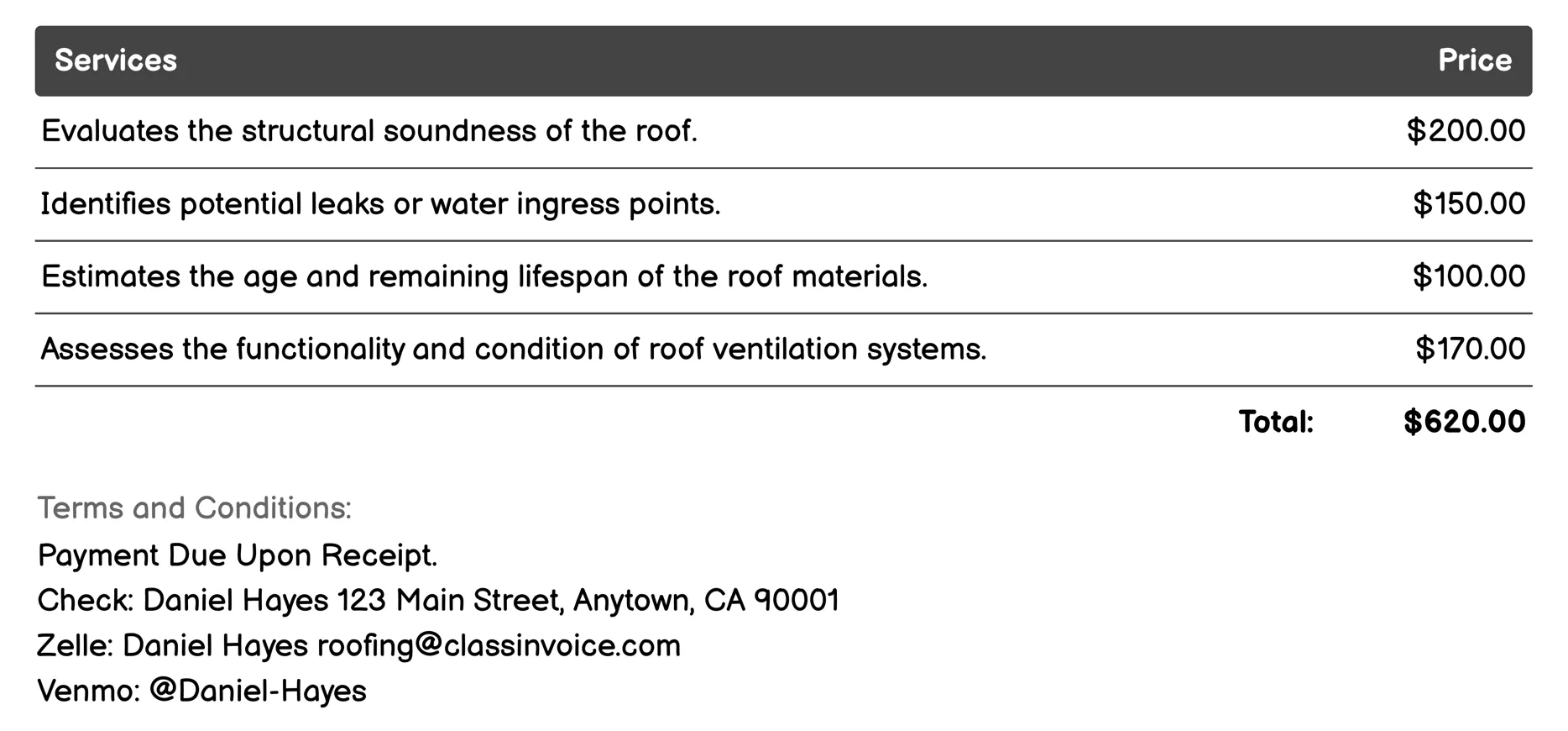 Roof Inspection Invoice Example