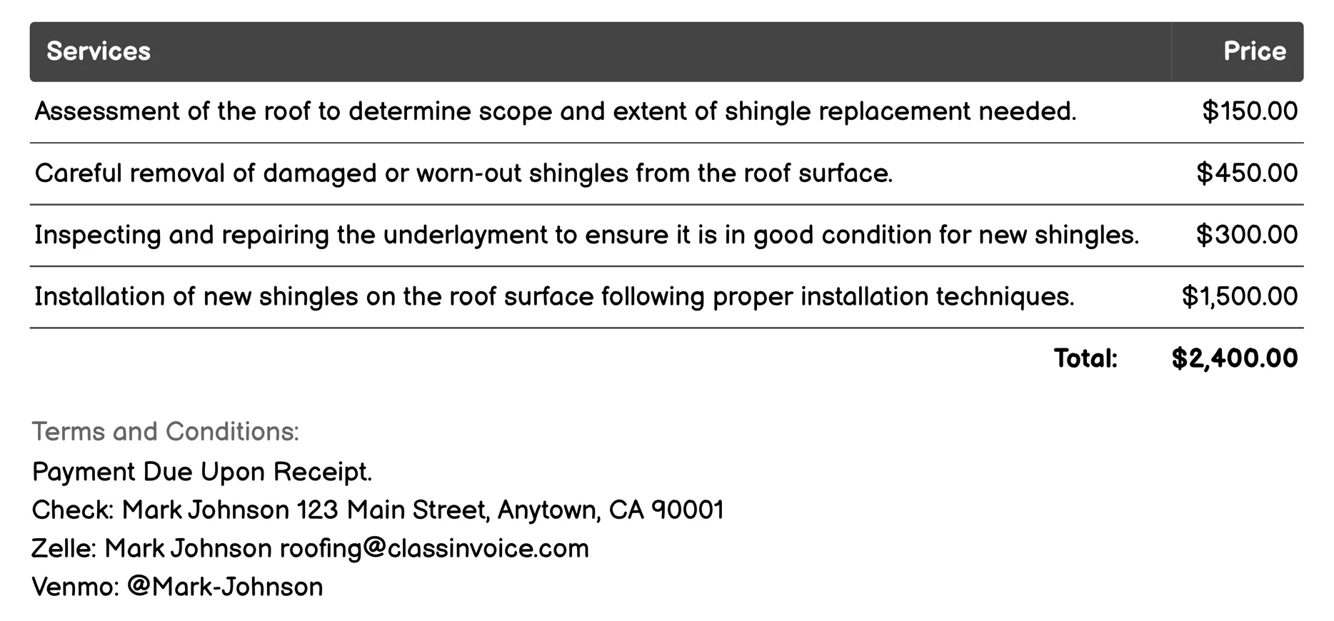 Shingle Replacement Invoice Example