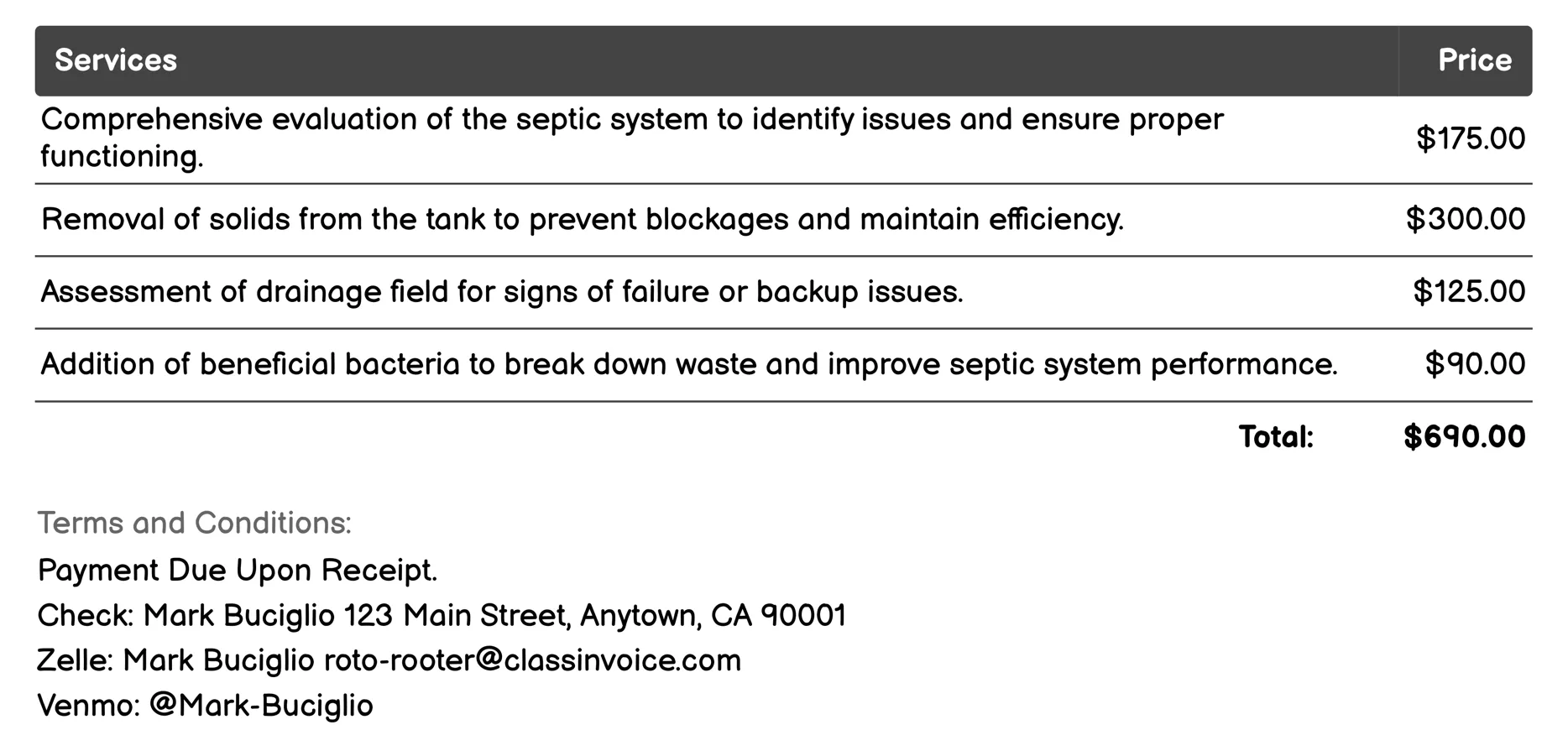 Septic Tank Services Invoice Example