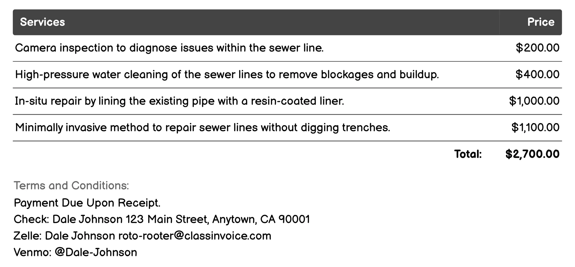 Sewer Line Repair Invoice Example