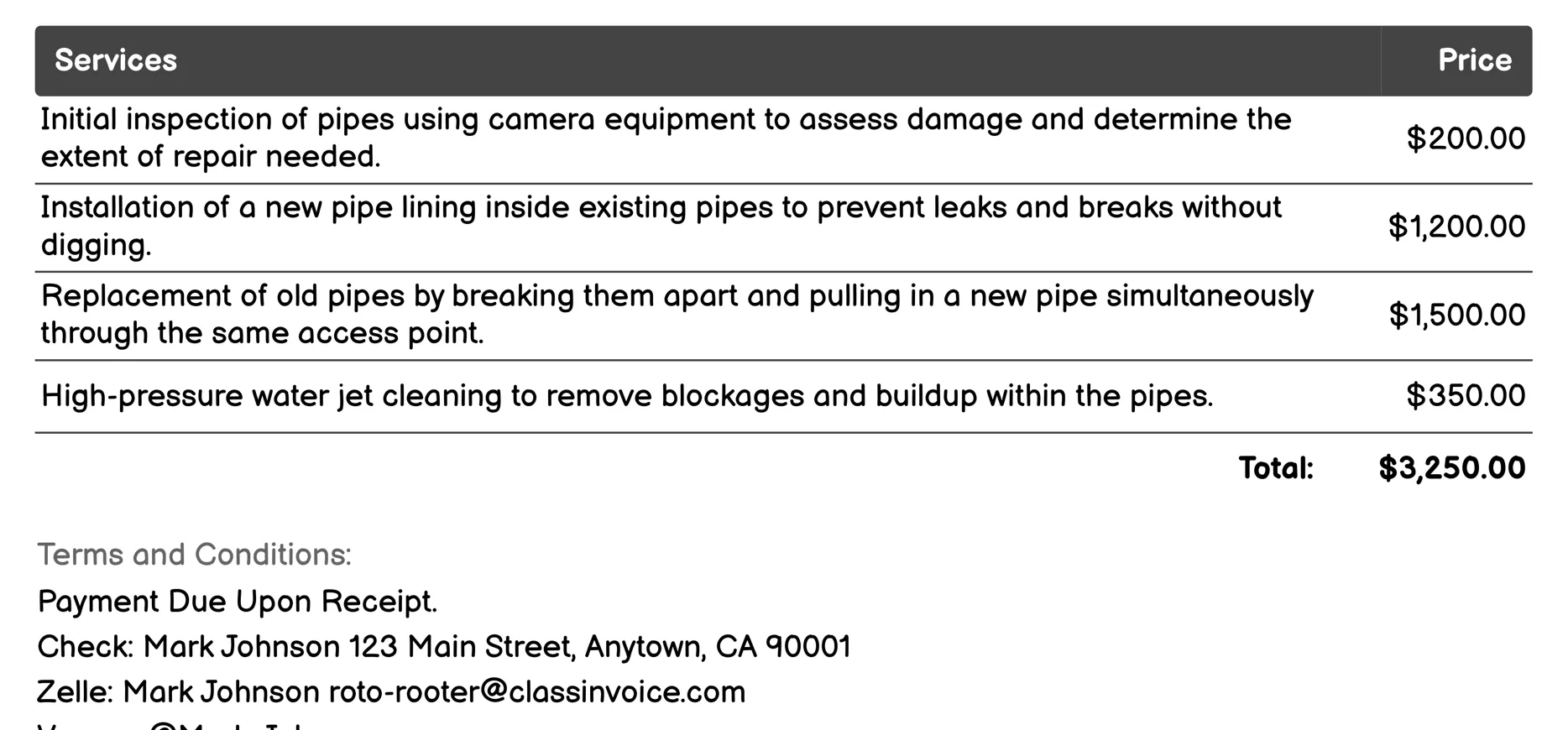 Trenchless Pipe Repair Invoice Example