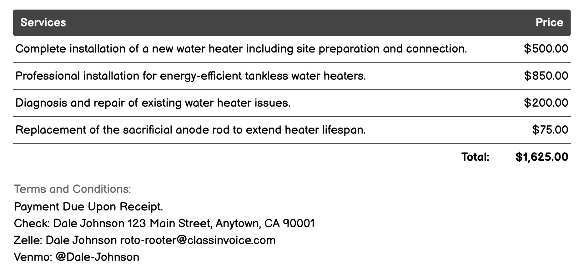 Water Heater Installation and Repair Invoice Example