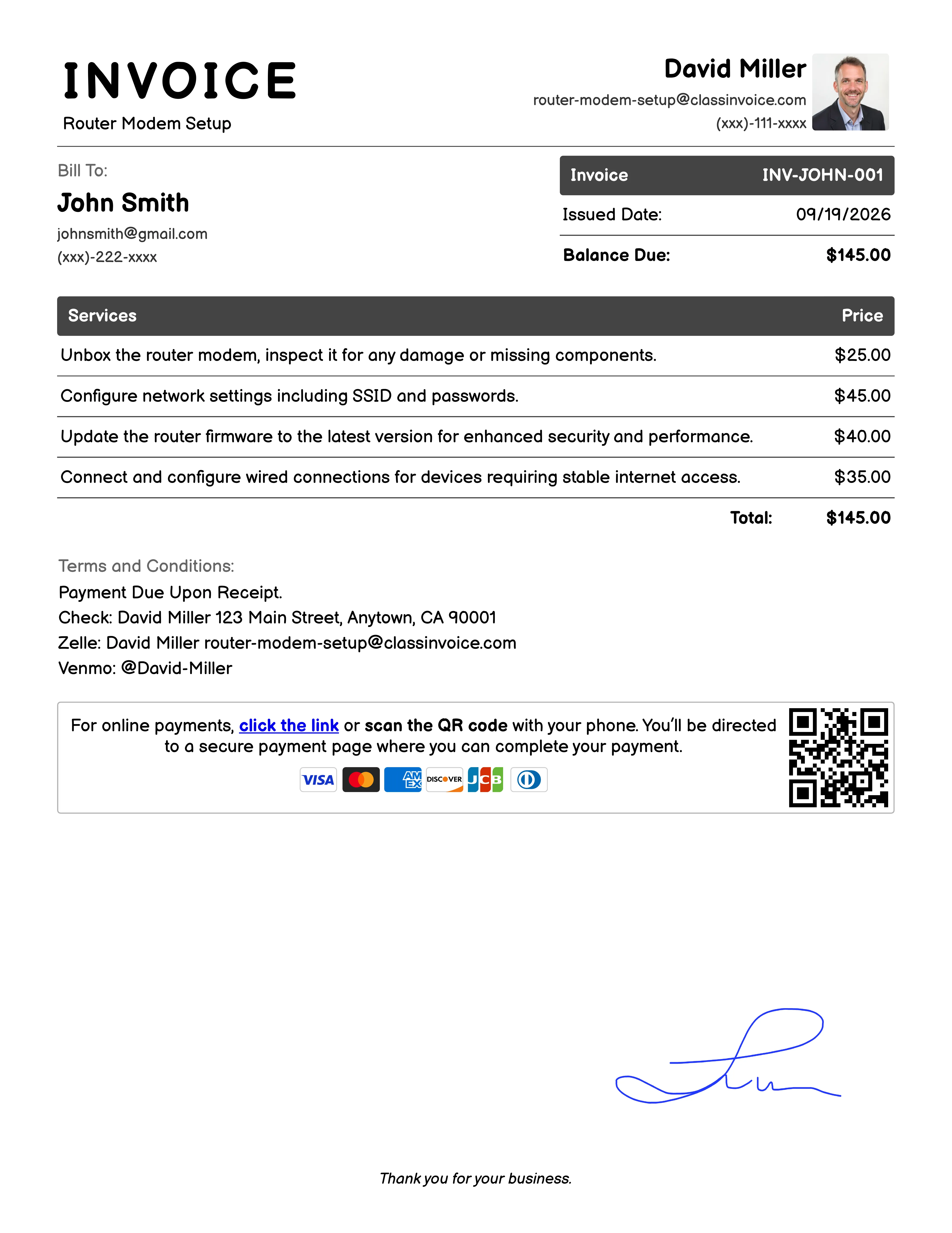 Router Modem Setup Invoice Example