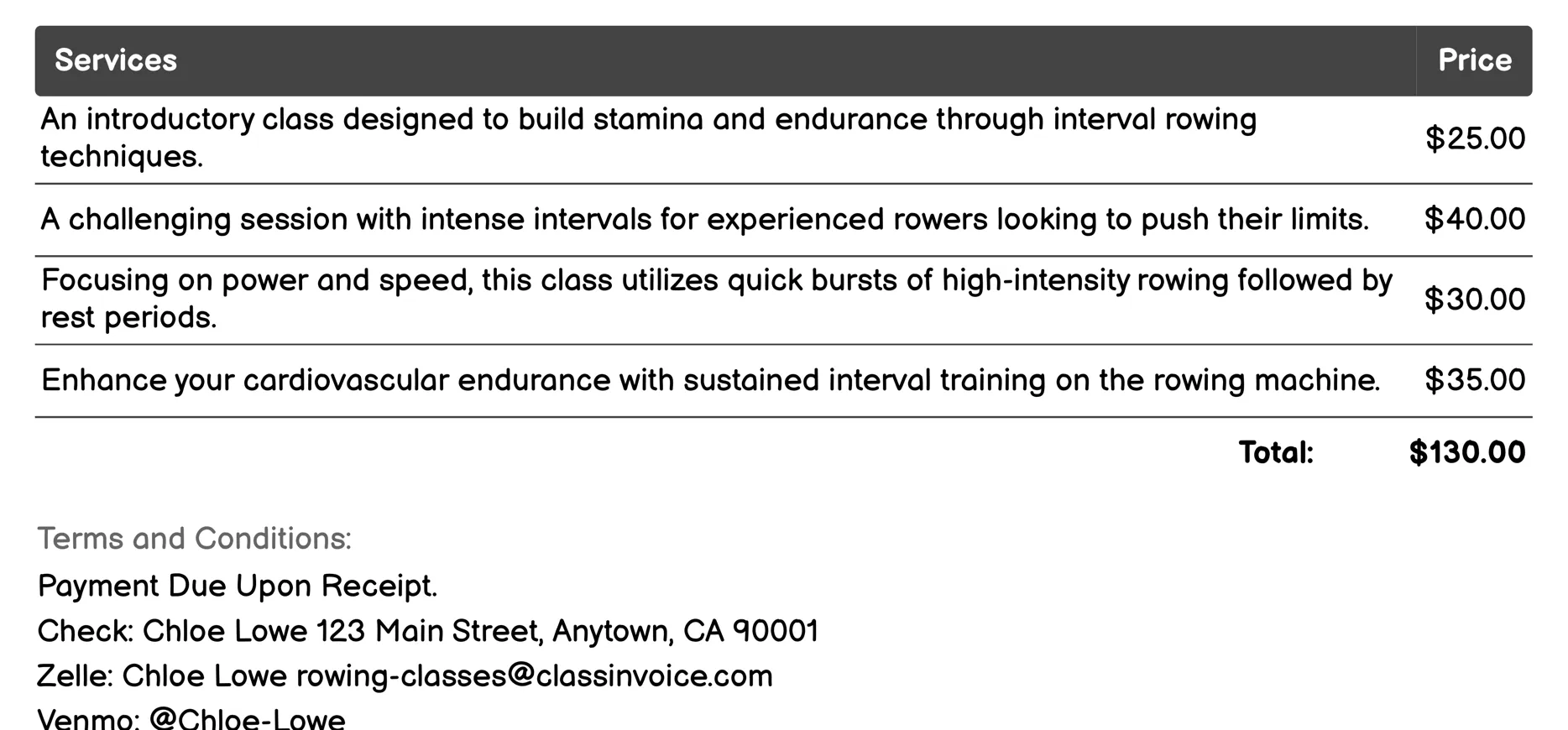 High-Intensity Interval Training (HIIT) Invoice Example