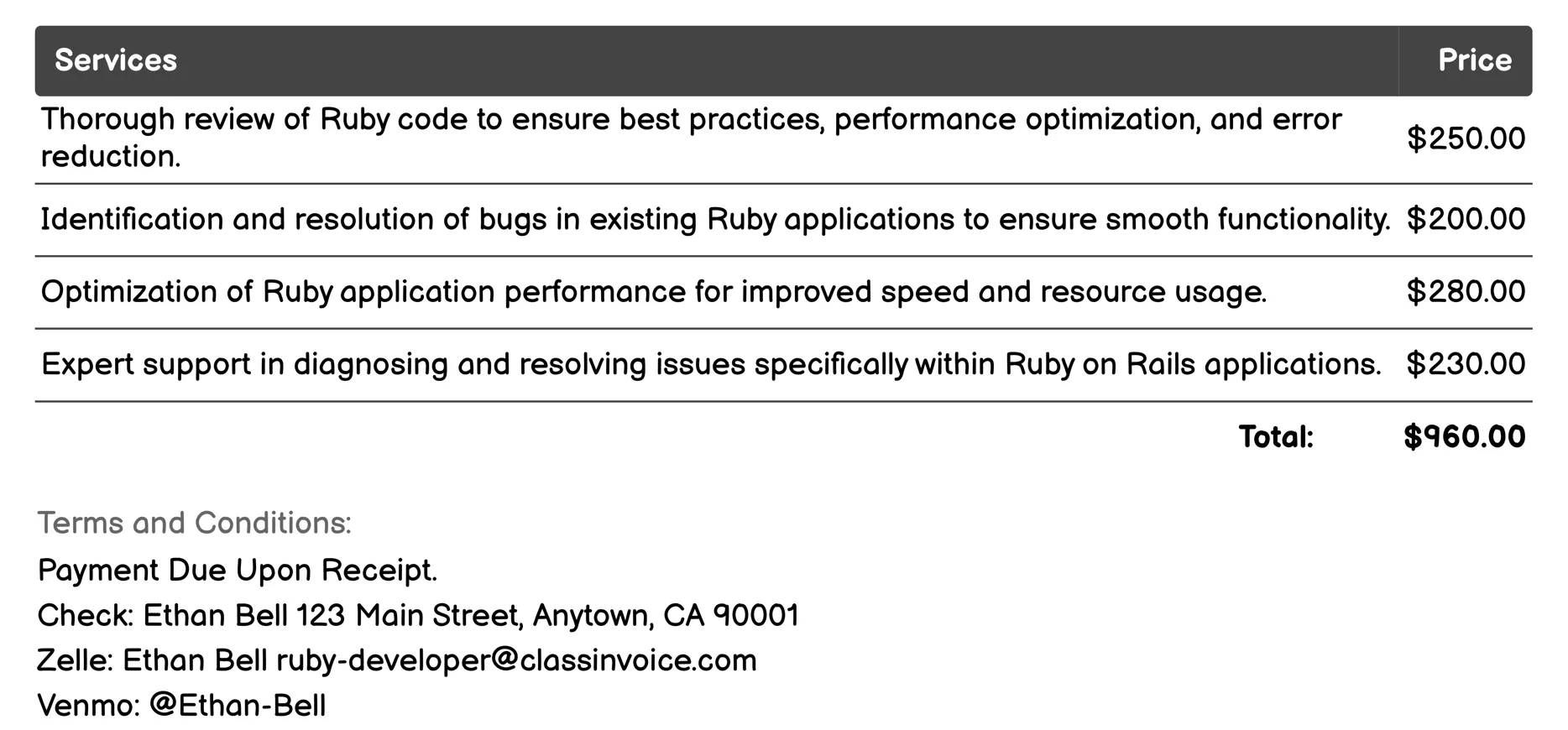 Technical Support and Troubleshooting Invoice Example