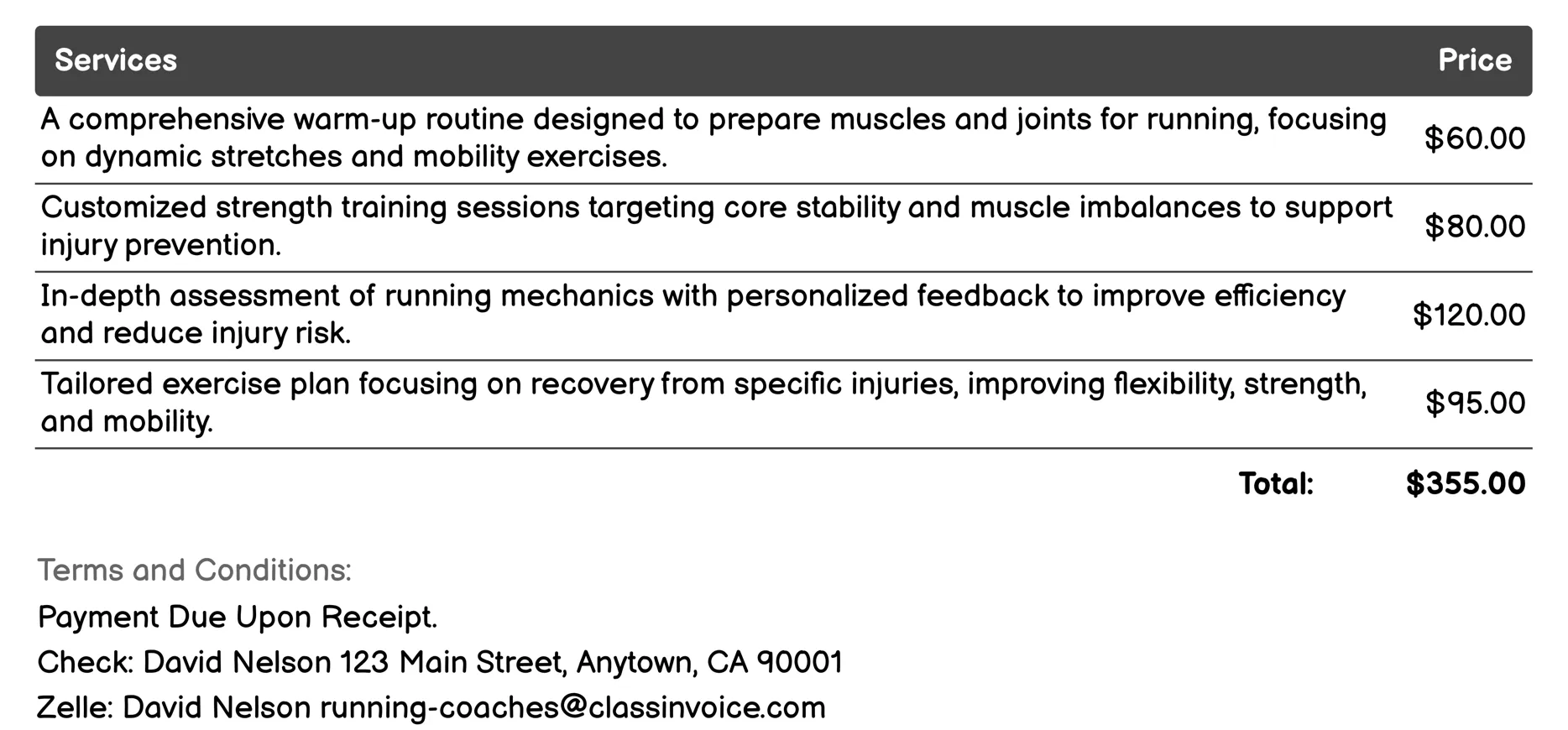 Injury Prevention and Rehabilitation Invoice Example