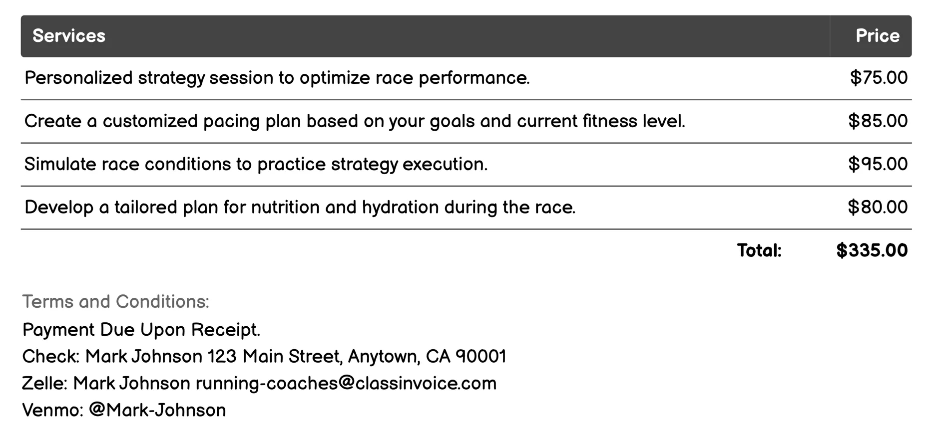 Race Strategy Planning Invoice Example