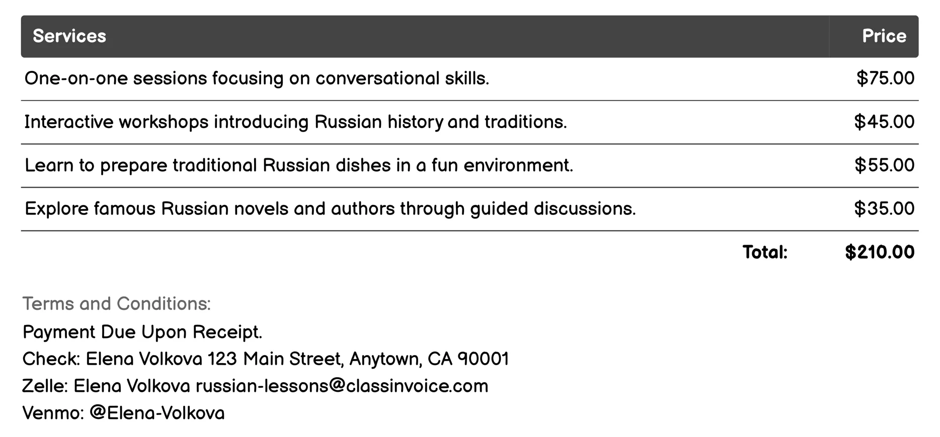 Cultural Immersion Programs Invoice Example