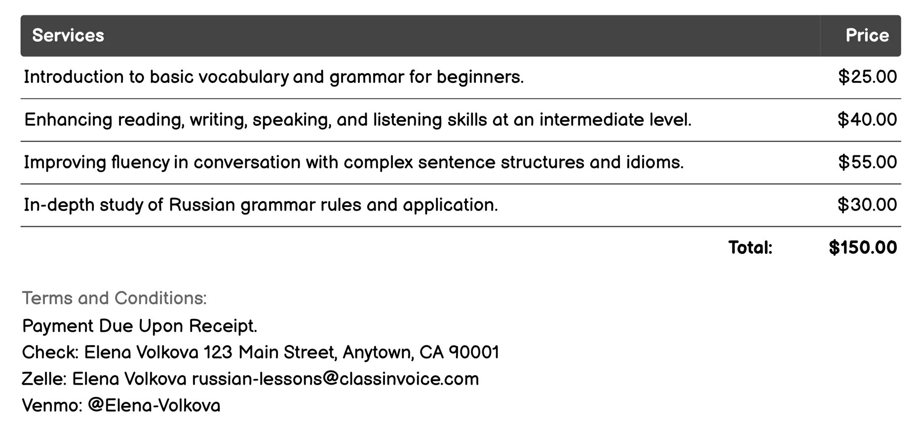 Private Tutoring Invoice Example