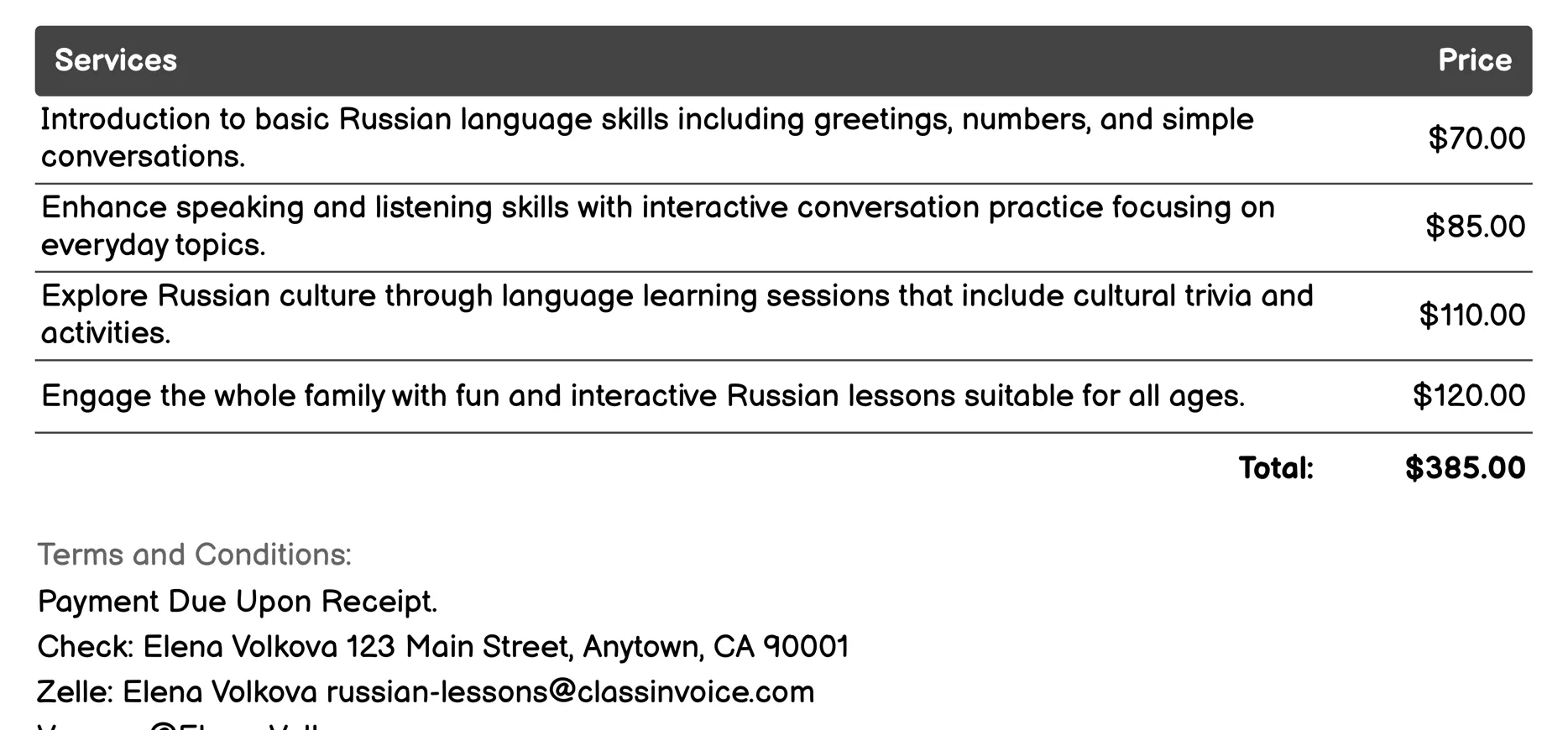 Summer Camps or Workshops Invoice Example