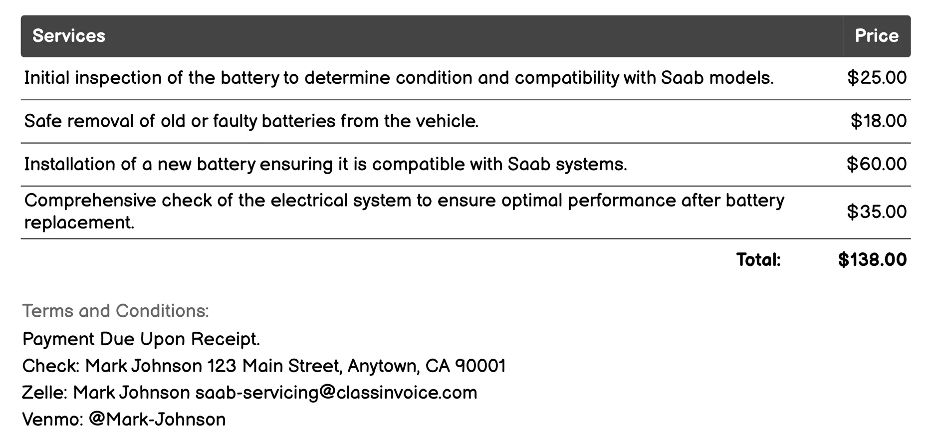 Battery Replacement Invoice Example