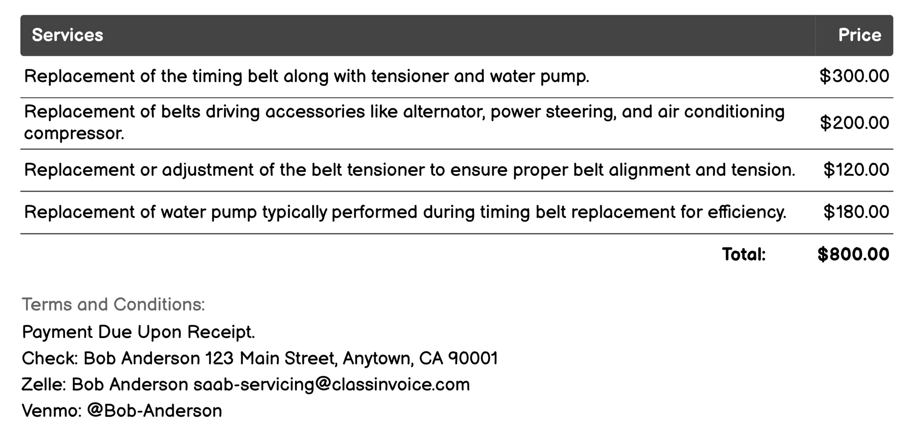Belt Replacement Invoice Example