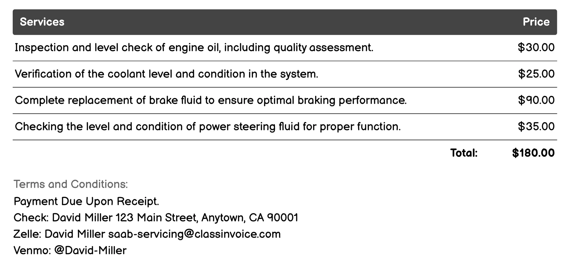 Fluid Checks and Replacements Invoice Example
